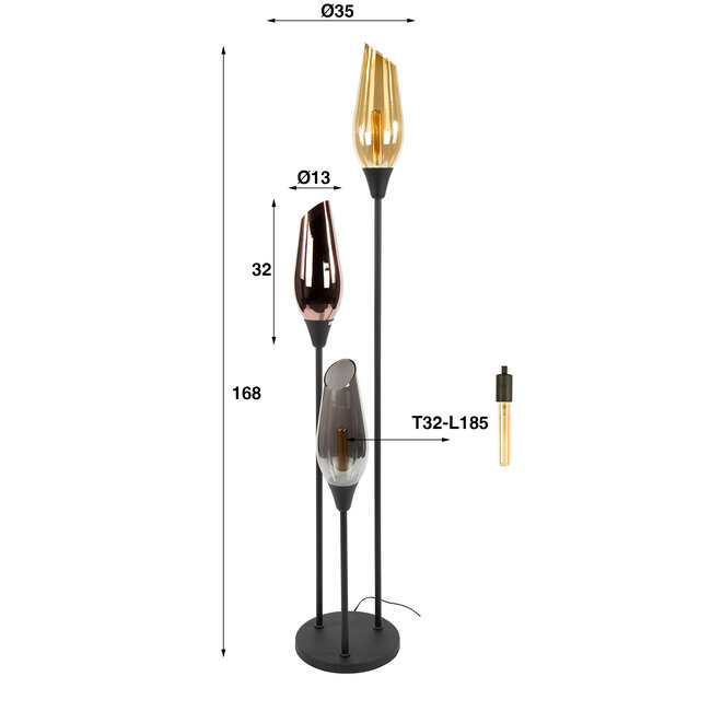 Vloerlamp Amber Koper Chroom Glas 3-Lichts  - Cocoon