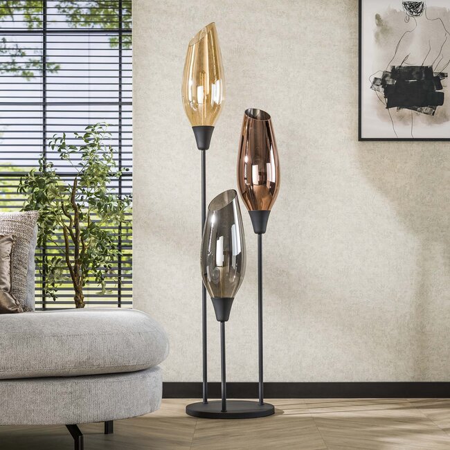 Vloerlamp Amber Koper Chroom Glas 3-Lichts XL - Cocoon