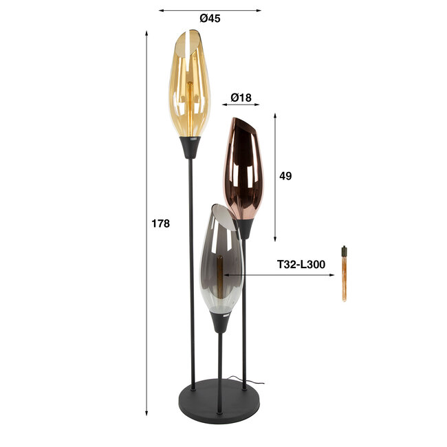 Vloerlamp Amber Koper Chroom Glas 3-Lichts XL - Cocoon