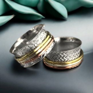 Meditatiering 925 Zilver - Driekleurige Draairing met Bloemen