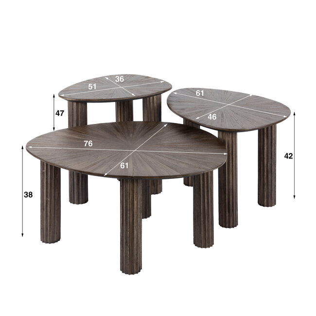 PS-Collection Maya Salontafel Set van 3 Driehoekig - 76x61x38 cm - Bruin - Teak
