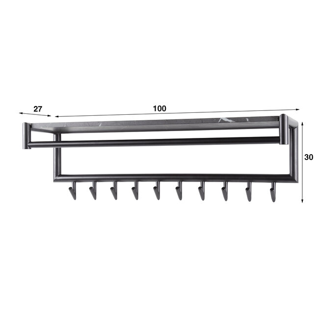 Roede 10 Haaks Kapstok - 100x27x30cm - Zwart/Bruin - Metaal/Melamine