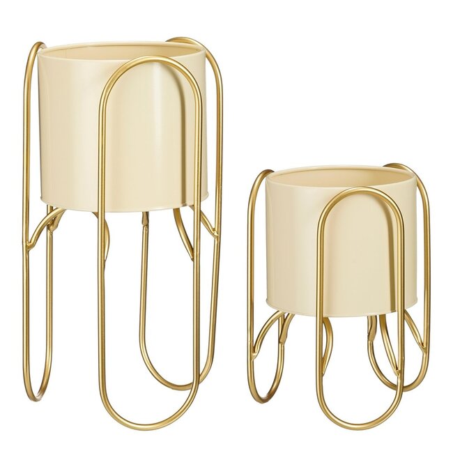Bloempot op Standaard - Metaal - Lichtgeel/Goud - Set van 2