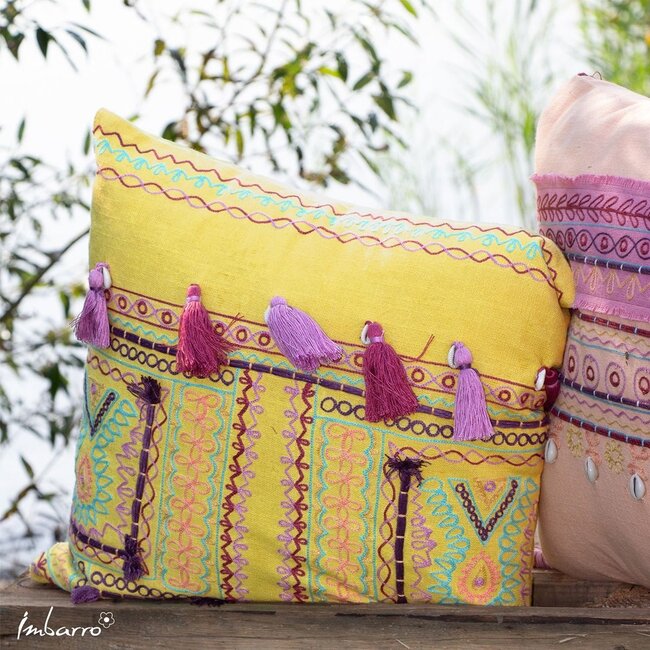 Sierkussen Paros - Katoen/Velvet - Geel - 45x45 cm