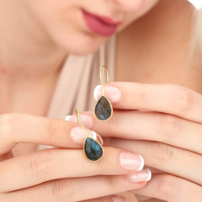 Labradoriet Oorbellen - Verguld 925 Zilver - Druppelvormig
