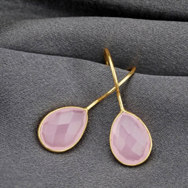 Rozenkwarts Oorbellen - Verguld 925 Zilver - Edelsteen Sieraad