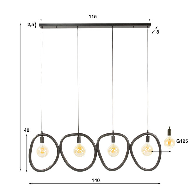 Hanglamp 4 Lichtpunten Pebble - Zwart - Metaal - 140x8x150 cm