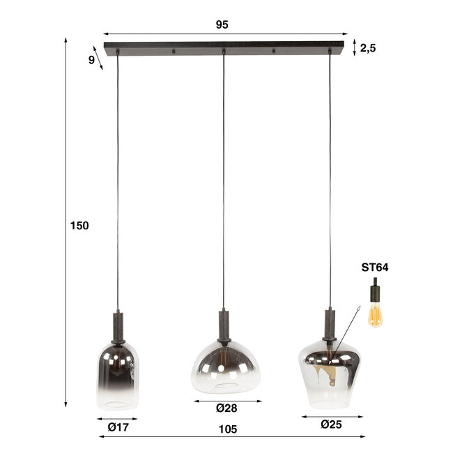 PS-Collection Hanglamp 3L Zenith - Zwart/Chroom - Metaal/Glas - 105x28x150 cm