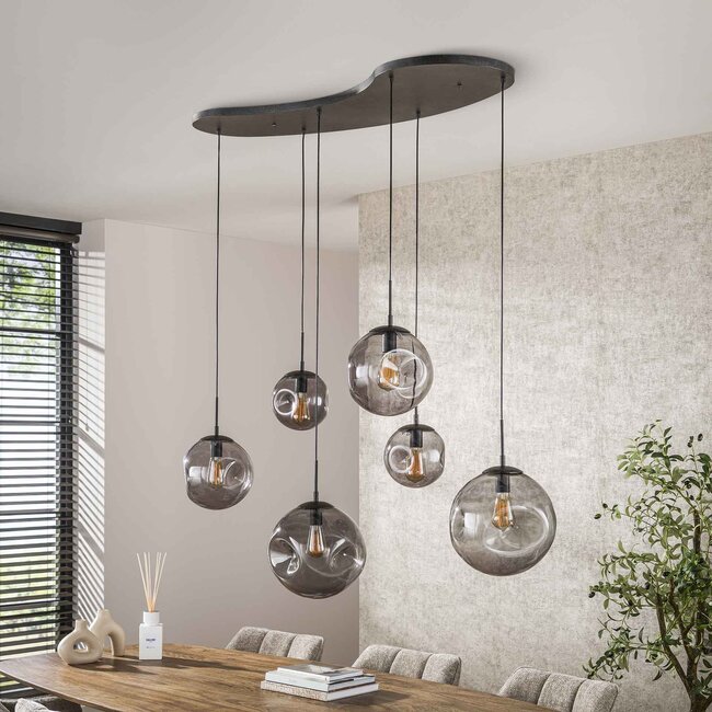 Hanglamp Glas Smoke Grey Metaal Zwart - Stellar 6-lichts