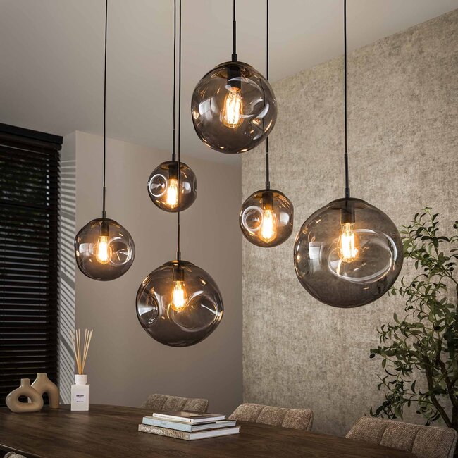 Hanglamp Glas Smoke Grey Metaal Zwart - Stellar 6-lichts