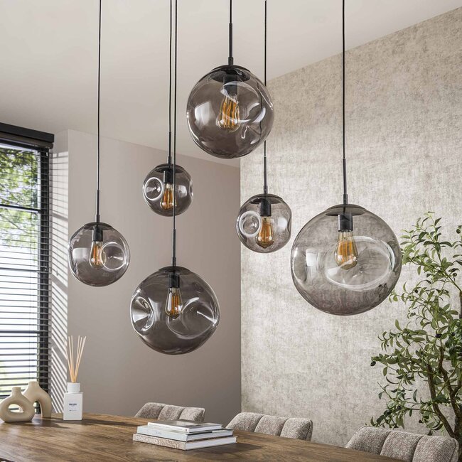 Hanglamp Glas Smoke Grey Metaal Zwart - Stellar 6-lichts