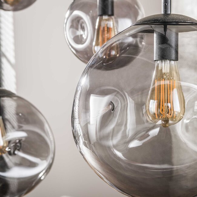 Hanglamp Glas Smoke Grey Metaal Zwart - Stellar 6-lichts