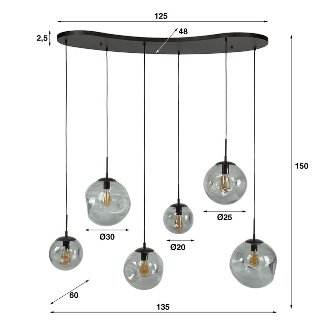 Hanglamp Glas Smoke Grey Metaal Zwart - Stellar 6-lichts