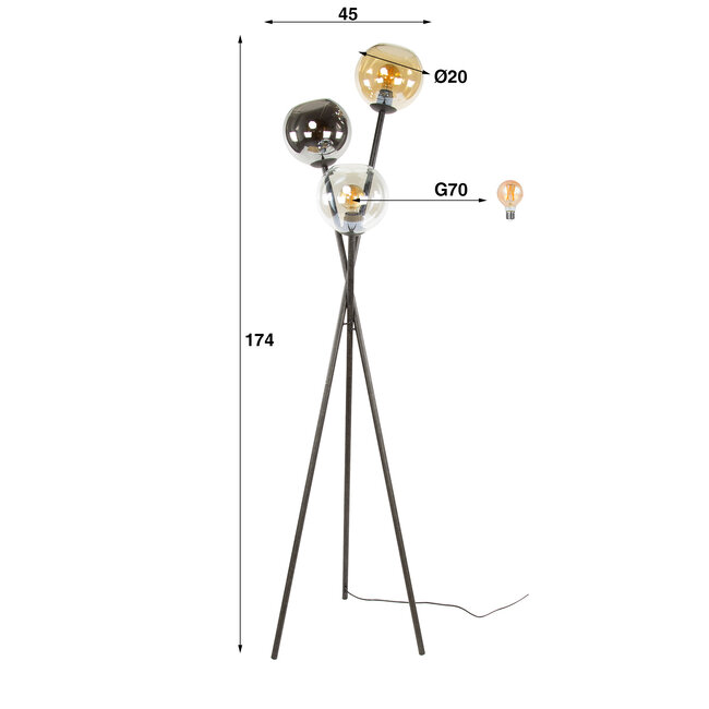 Vloerlamp Amber Chroom Glas 3-Lichts - Multi Globe