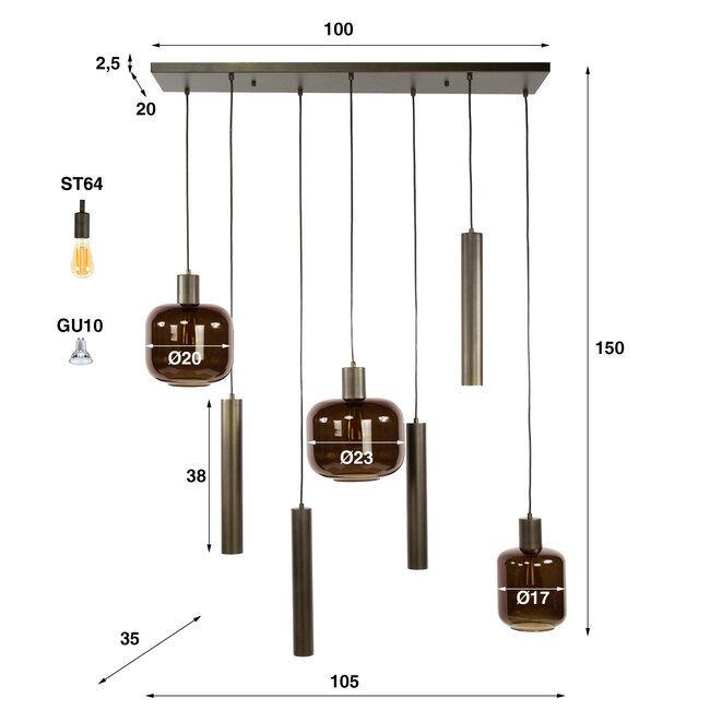 Hanglamp Bruin Glas Brons Metaal 7-lichts - Bronza
