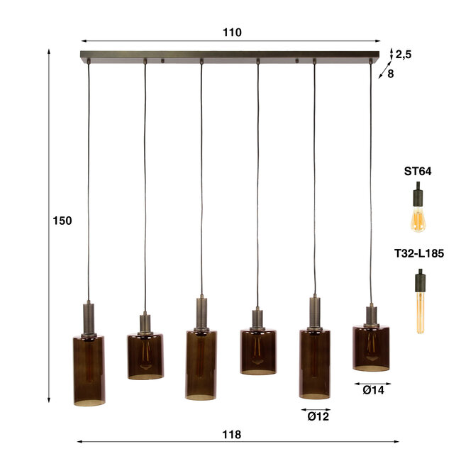 Hanglamp Sienna Bruin Glas 6 Lichtpunten - Sepiora