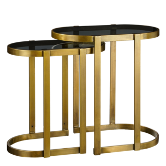 Bijzettafel - Set van 2 - Metaal/Glas - Goud/Zwart - 54x34x56 cm