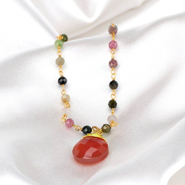 Carneool & Toermalijn Armband - Goudkleurige Edelsteen Sieraad