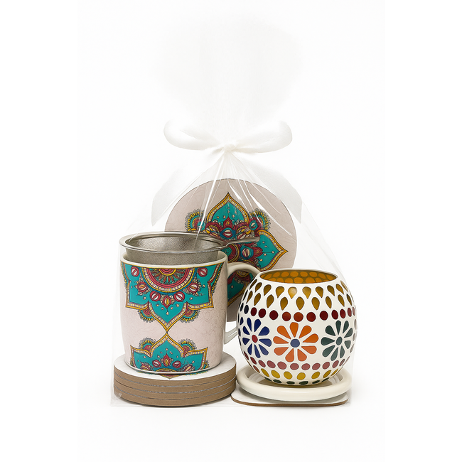 Cadeauset Mandala Turquoise - Theemok, Onderzetters & Theelichthouder