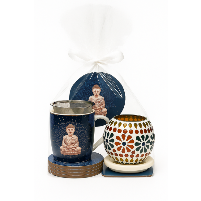 Cadeauset Boeddha Blauw - Theemok, Onderzetters & Theelichthouder