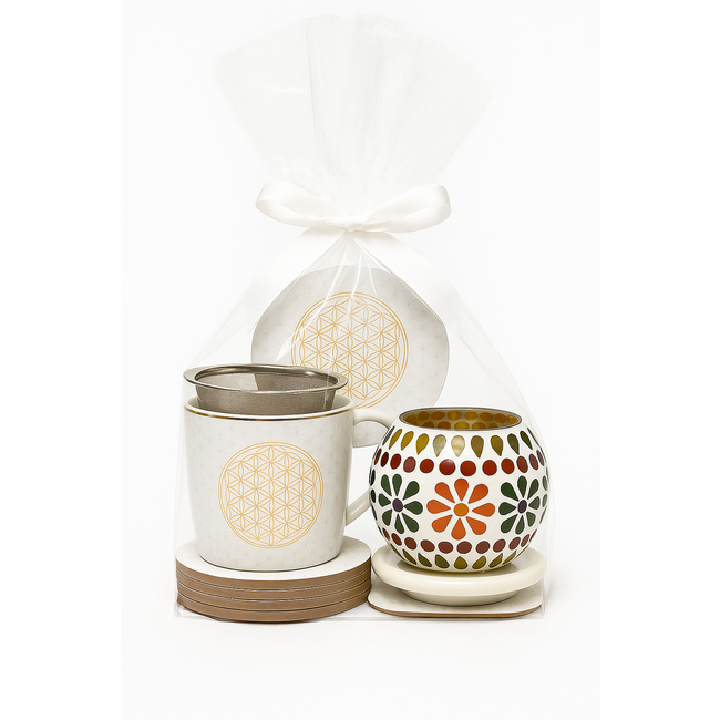 Cadeauset Bloem des Levens - Theemok, Onderzetters & Theelichthouder