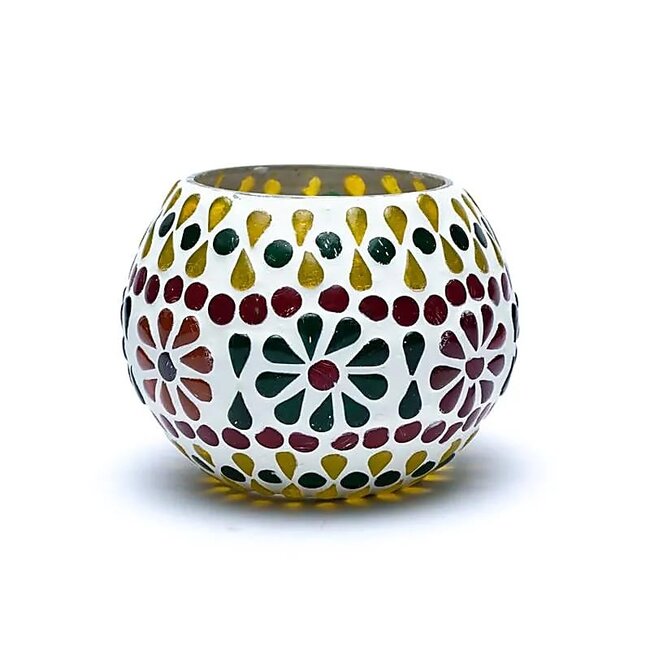 Mozaïek Theelichthouder Glas - Kleurrijk Bloemenmotief