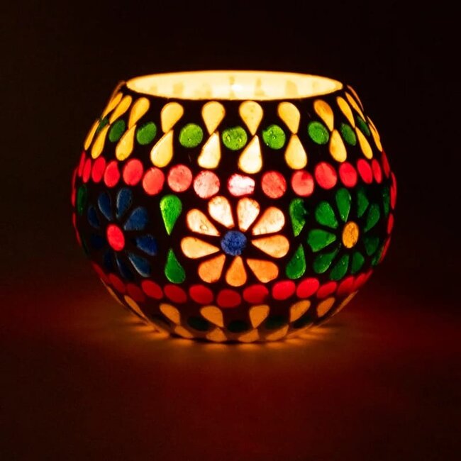 Mozaïek Theelichthouder Glas - Kleurrijk Bloemenmotief