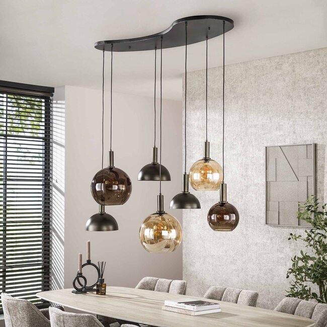 Hanglamp Amber Bruin Glas Brons 7-Lichts - Cluster