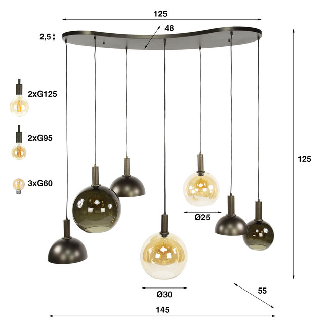 Hanglamp Amber Bruin Glas Brons 7-Lichts - Cluster