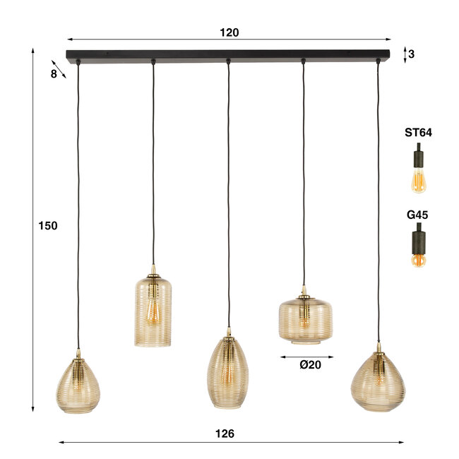 Hanglamp Smoke Bruin Glas 5 Lichtpunten - Stripe