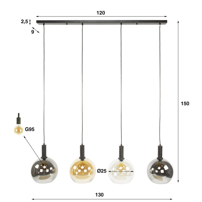 Hanglamp Amber Glas Chroom 4 Lichtpunten - Sfera