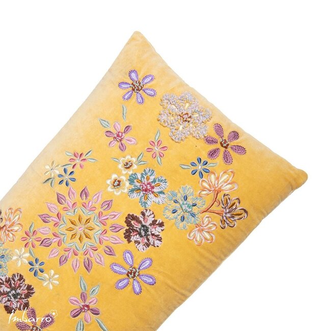 Imbarro Sierkussen Camille - Velvet - Geel - Borduurbloemen