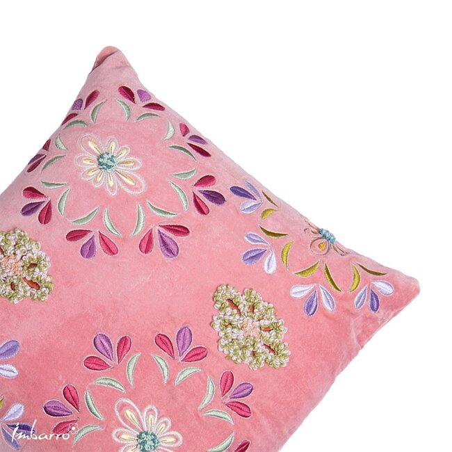 Imbarro Sierkussen Sofia - Velvet - Roze - Bloemenborduur