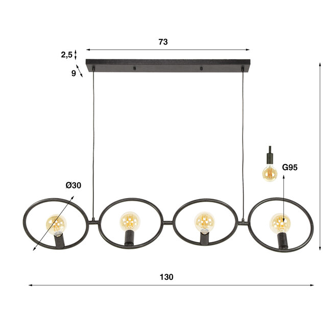 Hanglamp Metaal Artic Zwart 4 Lichtpunten - Loop