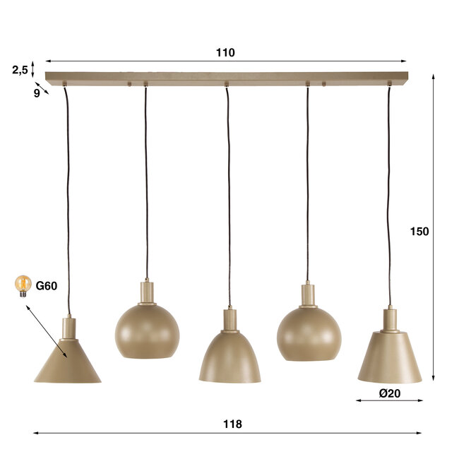Hanglamp Beige Metaal 5 Lichtpunten - Metallo