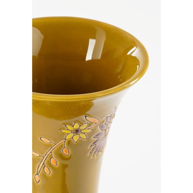 Keramieken Vaas Oker met Vogel- en Bloemenmotief - Klassiek Exotisch