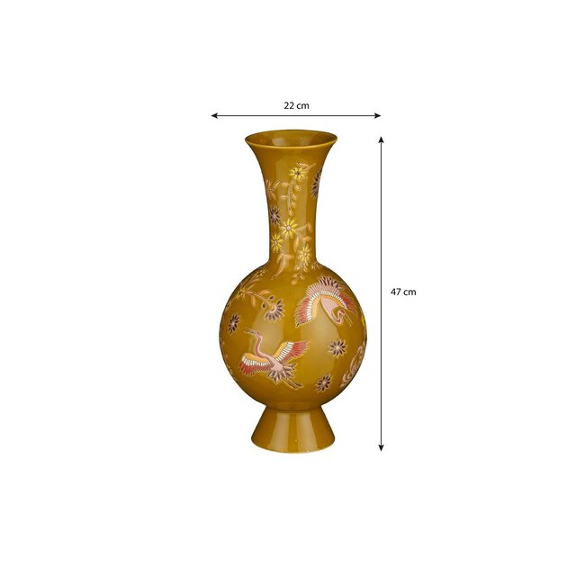 Keramieken Vaas Oker met Vogel- en Bloemenmotief - Klassiek Exotisch