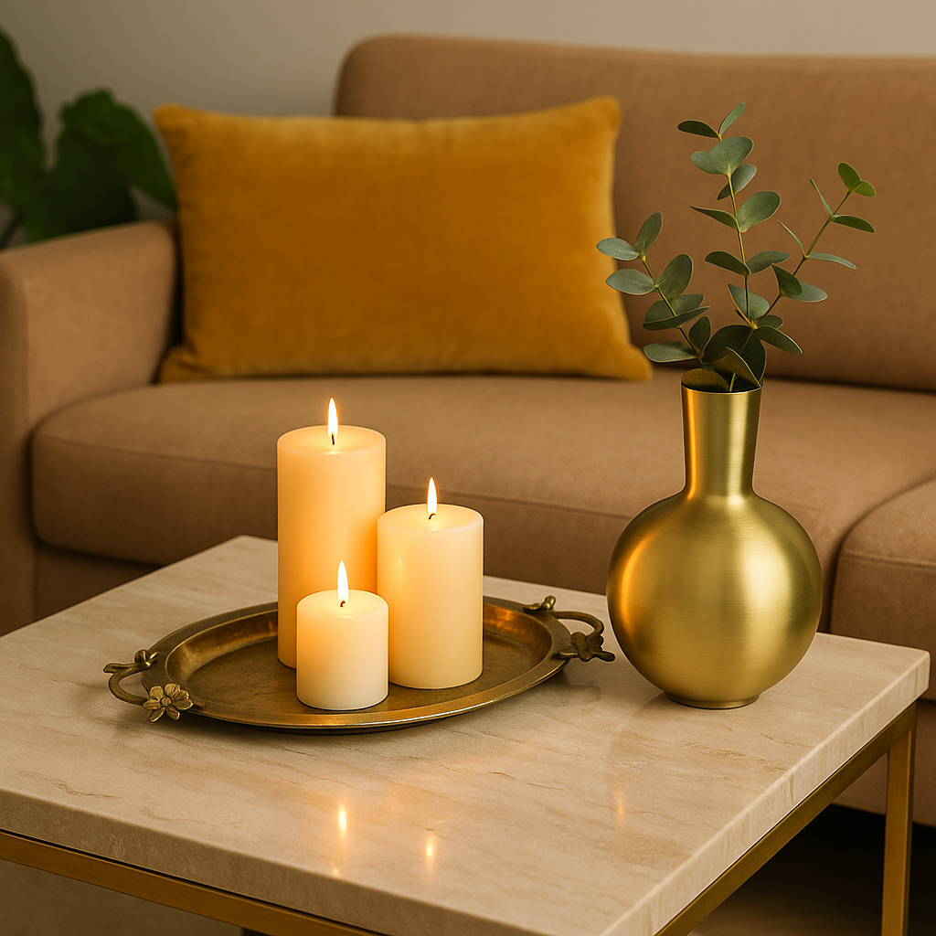 kussen, gouden vaas en schaal