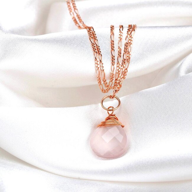 Rozenkwarts Druppelketting - Roségoud 925 Zilver