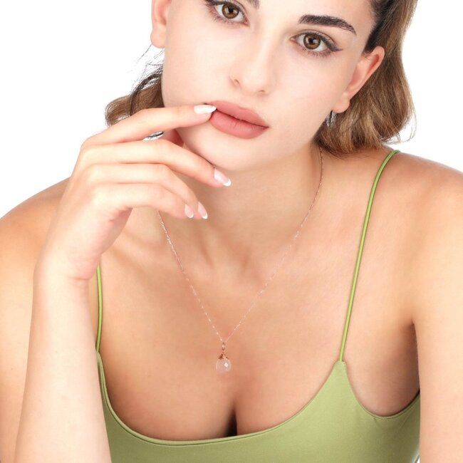 Rozenkwarts Druppelketting - Roségoud 925 Zilver