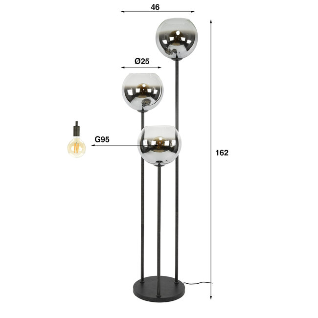 Vloerlamp Rookglas Zwart 3 Lichtpunten - Bubble Shaded