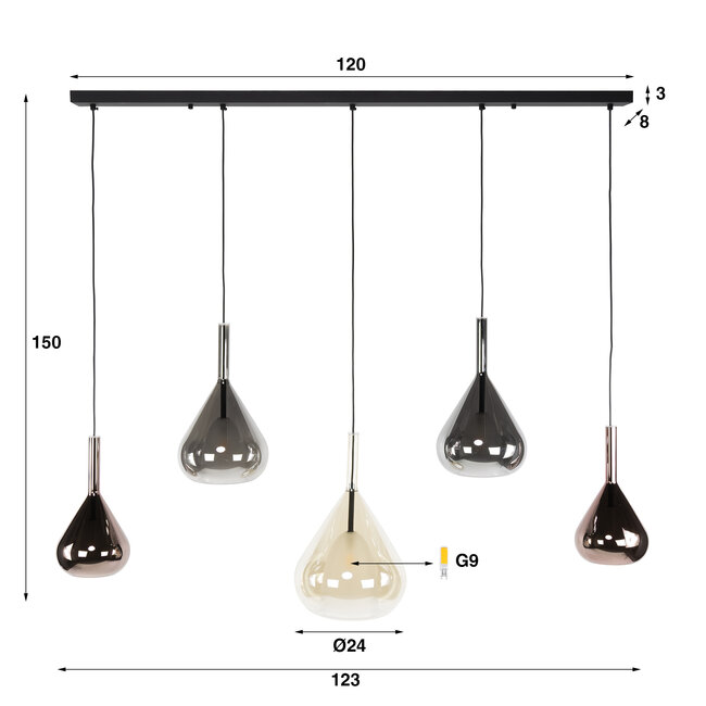 Hanglamp Amber Koper Chroom Glas 5-Lichts - Wings