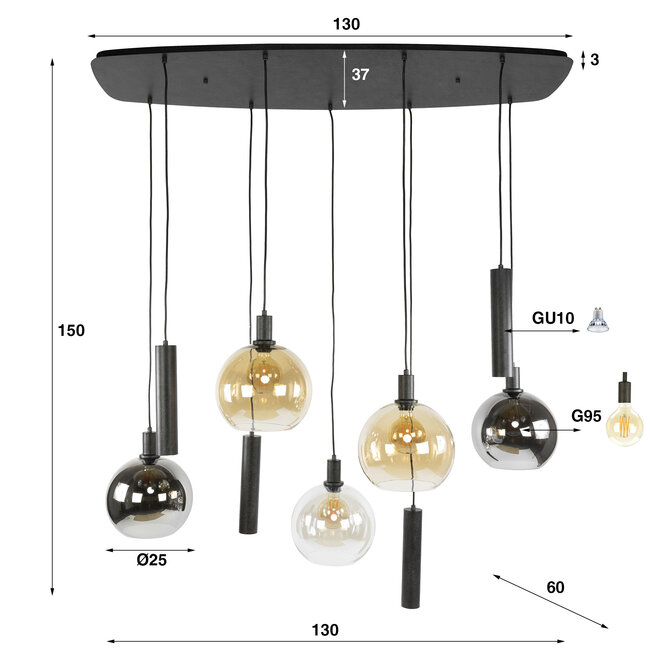 Hanglamp Glas Metaal Zwart Sfera Tricolore 9-lichts