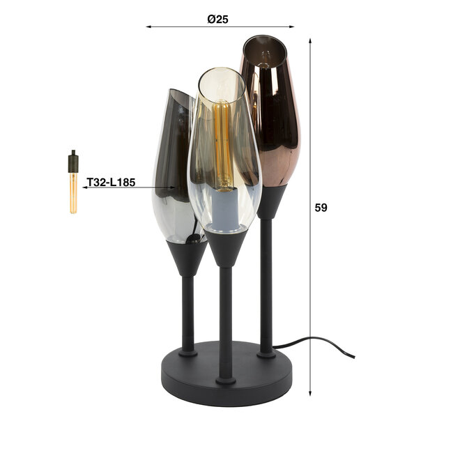 PS-Collection Tafellamp Cocoon 3L - Glas & Zwart Metaal