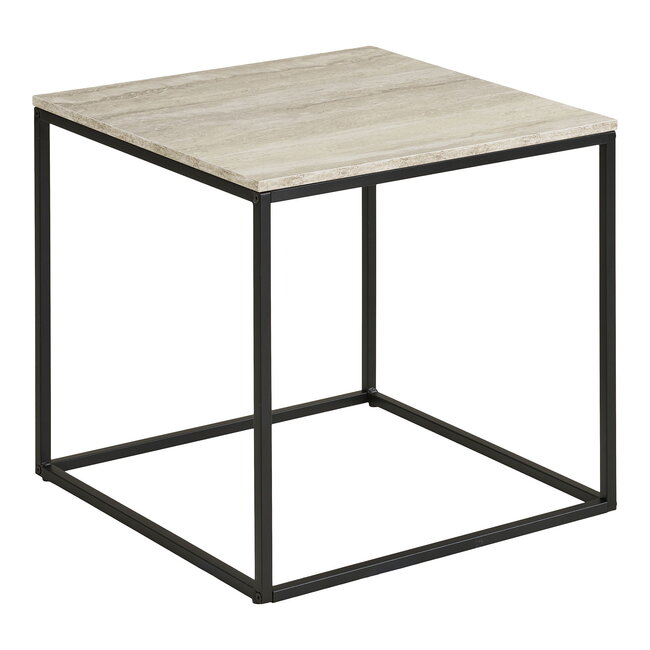 Bijzettafel Travertin - Zwart Frame VierkantBijzettafel Travertin Look Blad - Zwart Frame Vierkant