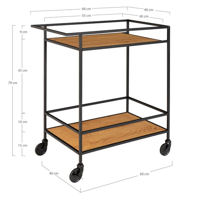 Bar Trolley Zwart Frame - 2 Planken Eiken Look