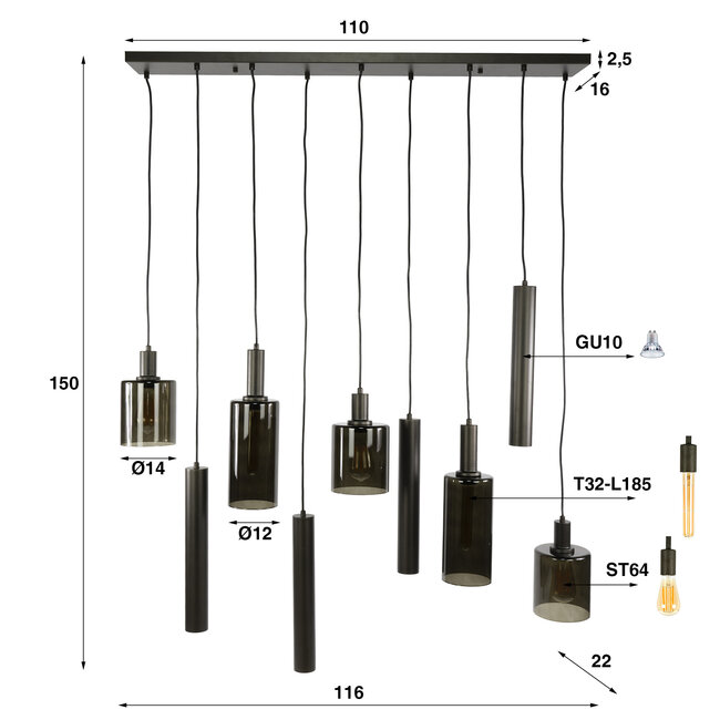 Hanglamp Sienna Bruin Glas 9 Lichtpunten - Sepiora