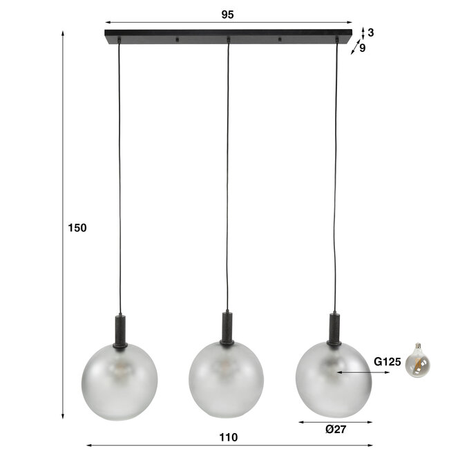 Hanglamp met Drie Glazen Bollen - Grijs/Zwart