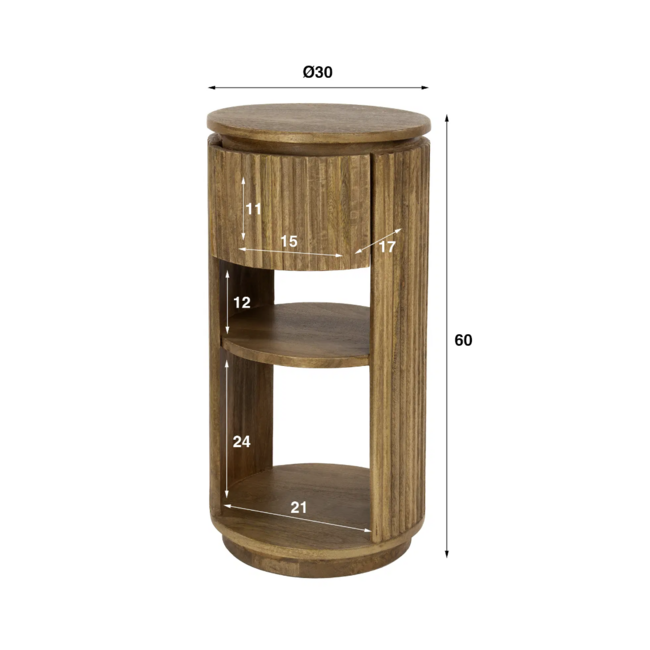 Rond Nachtkastje van Mangohout - Zandkleur met Lade