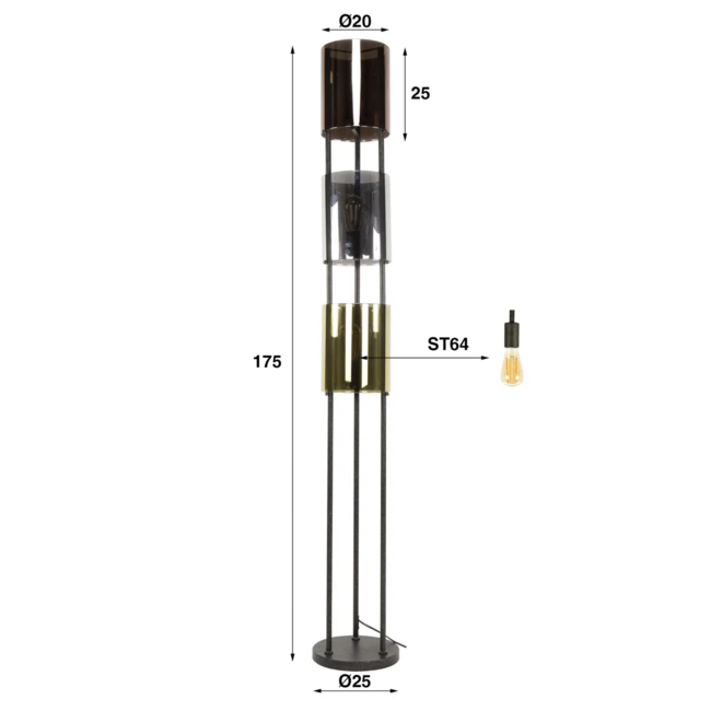 PS-Collection Vloerlamp met Drie Glazen Kappen - Koper/Zilver/Goud